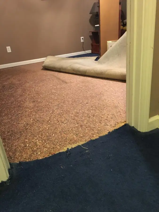 Carpet pad removal revealing water damage during Water Mitigation Services in Giddings
